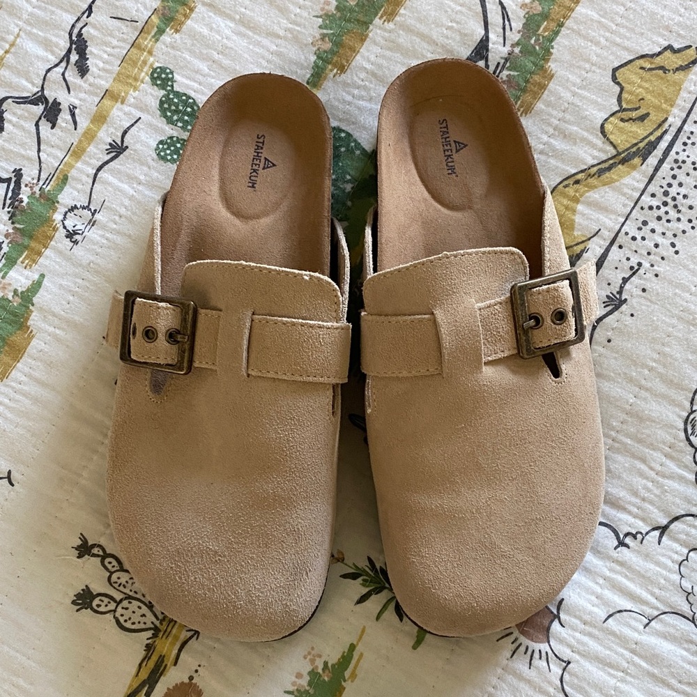 Tan Suede Buckle Clogs